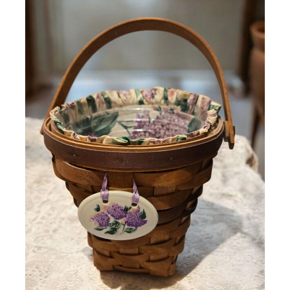 Longaberger 1994 May Series Lilac Basket, Liner, Tie On,  Protector set